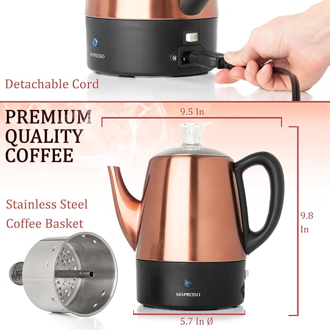 Mixpresso 4 Cup Percolator Coffee Pot Electric, Copper Stainless Steel Coffee - Image 3