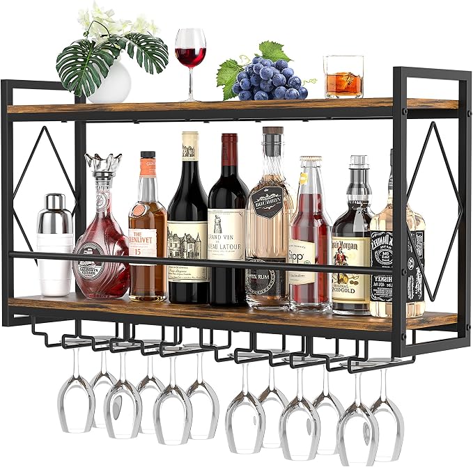 Wall Mounted Wine Rack with LED Light, 31.5" Bar Liquor Shelves with Glass - Image 4