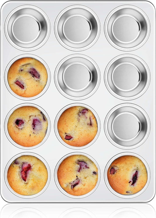 Homikit 1 Pack Muffin Pan, Stainless Steel Cupcake Tin with 12 Cups Regular Size, 13.8" x 10.4" Nonstick Metal Egg Bites Tray for Oven Baking, Non Toxic & Rust Free, Easy Release & Dishwasher Safe