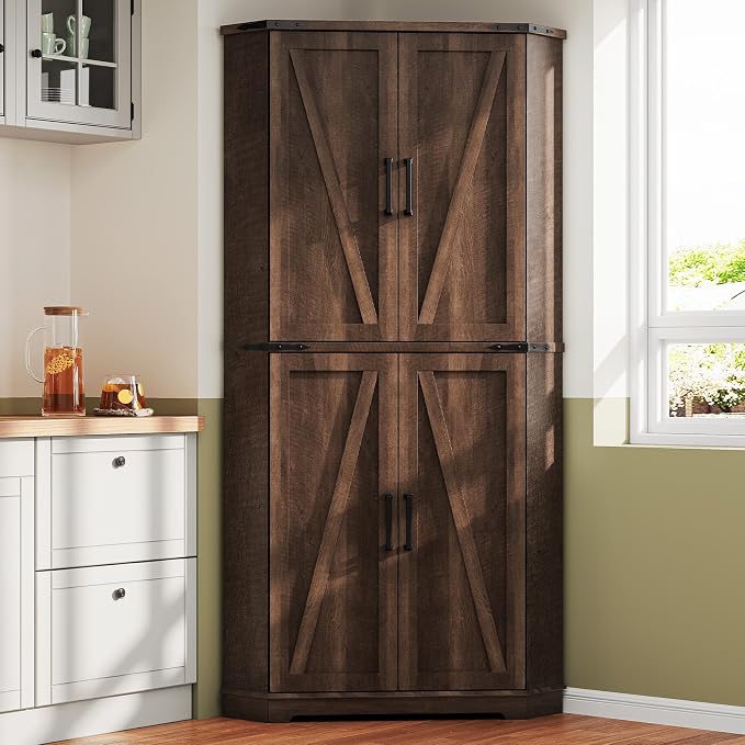 Dripex 71" Brown Farmhouse Corner Pantry Cabinet by Dripex