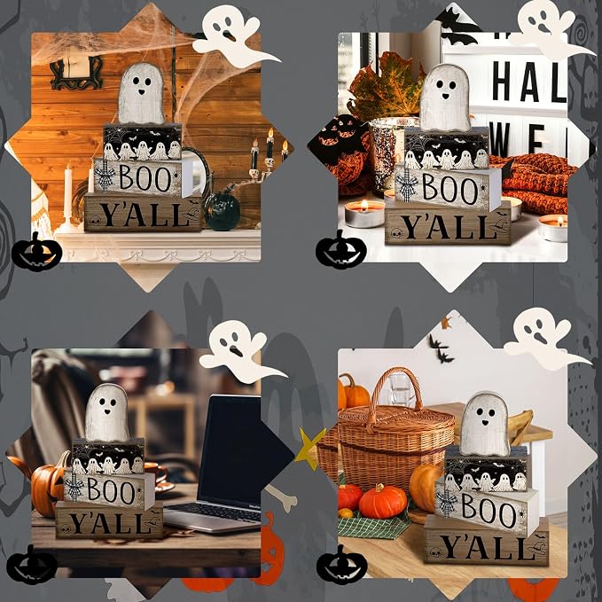 Lineshading 4 Pcs Halloween Table Decoration Wooden Ghost Tiered Tray - Image 6