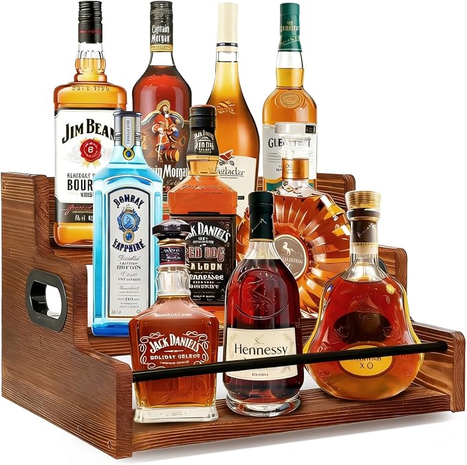 Liquor Bottle Display Shelf Solid Wood Coffee Syrup Rack 3 Step Countertop by Onkuly