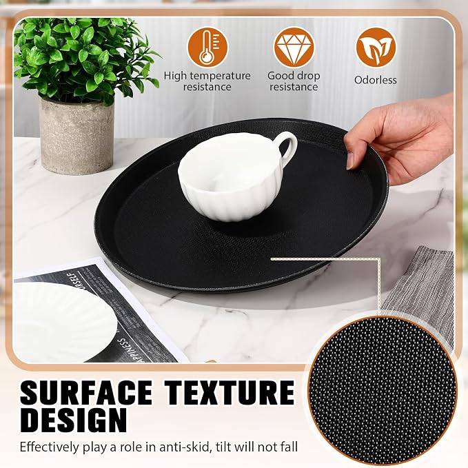 Zopeal 6 Pieces Black Round Restaurant Serving Tray, Plastic Non Slip Surface - Image 4