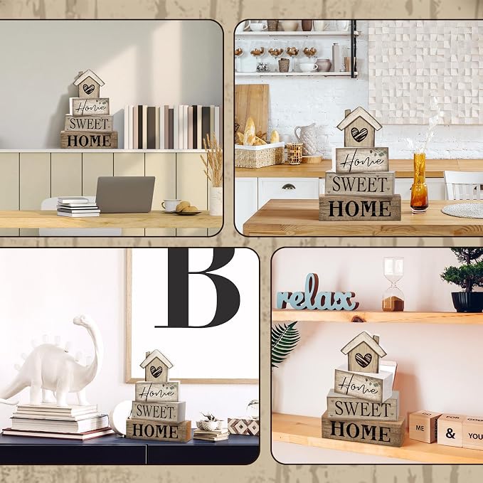 Moucuny 4 Pcs Wooden Farmhouse Tabletop Decor Rustic Home Tiered Tray Decor - Image 4