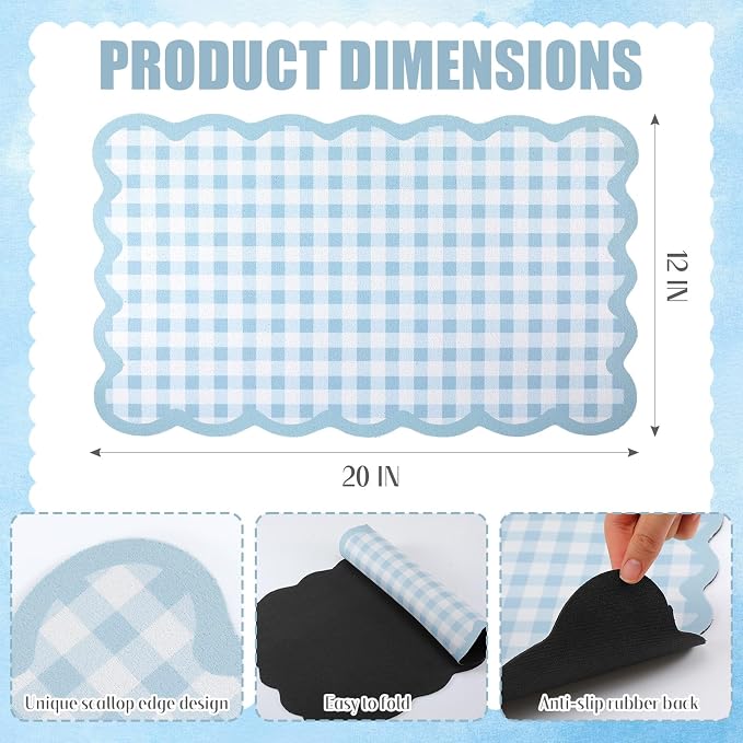 Scalloped Gingham Coffee Mat 12" x 20" Absorbent Coffee Bar Mat Brown Gingham - Image 2