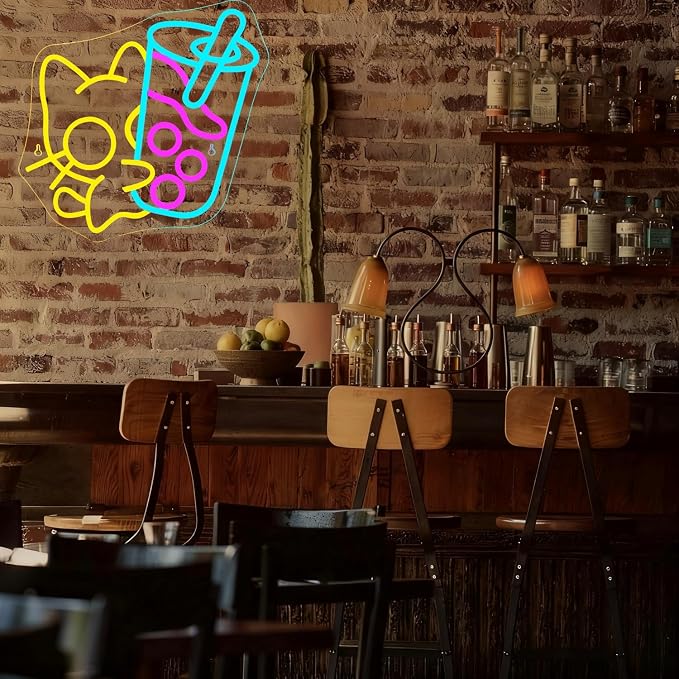Looklight Cat Boba Tea Neon Sign Yellow Cute Kitty Bubble Tea Neon Signs - Image 7