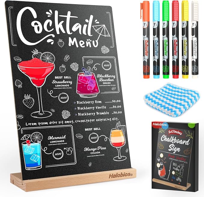 Halobios Chalkboard with Beech-Wood Base, 8 x 12 inch Tabletop Message Boards by Halobios