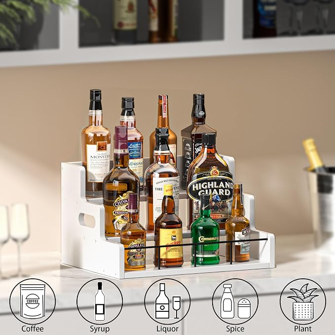 Liquor Bottle Display Shelf, Wood Syrup Organizer Rack, 3 Step Countertop - Image 2