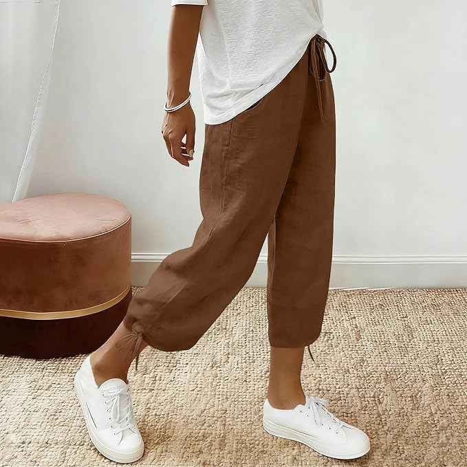 Linen Capri Pants for Women Drawstring Elastic Wide Leg Trouser 2026 Summer - Image 2
