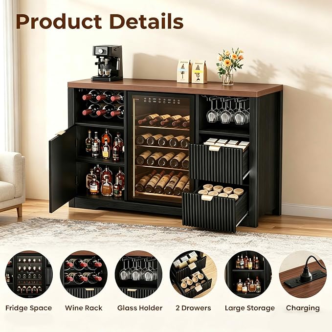 Coffee Bar Cabinet with Fridge Space, Wood Buffet Sideboard Table, Fluted - Image 4