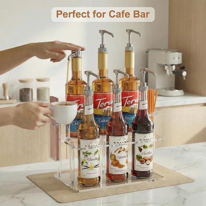 Coffee Syrup Organizer with Straw Holders, 2-Tier Acrylic Syrup Rack, Anti-Slip - Image 3