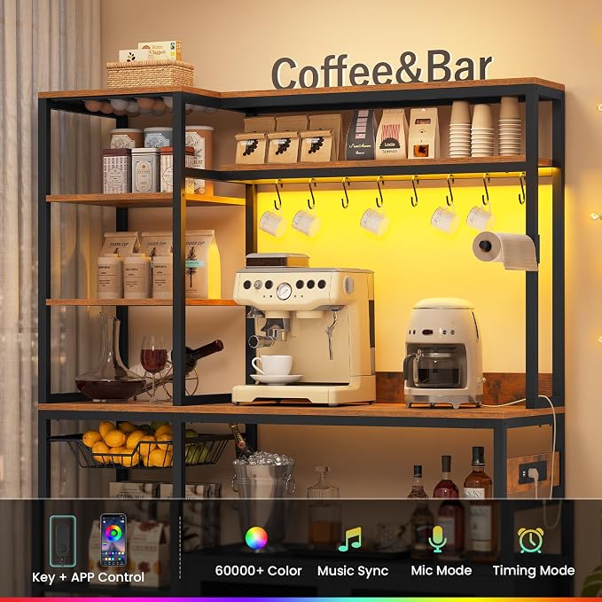 47.2 in Bakers Rack with Power Outlet & LED Light, Coffee Bar with Coffee Pod - Image 3