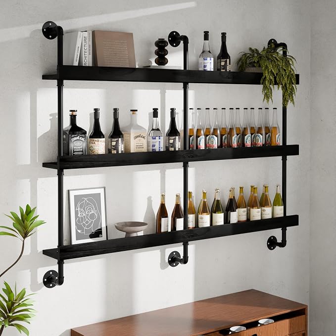 Industrial Wine Rack Wall Mounted, Solid Wood Shelf by Anynice