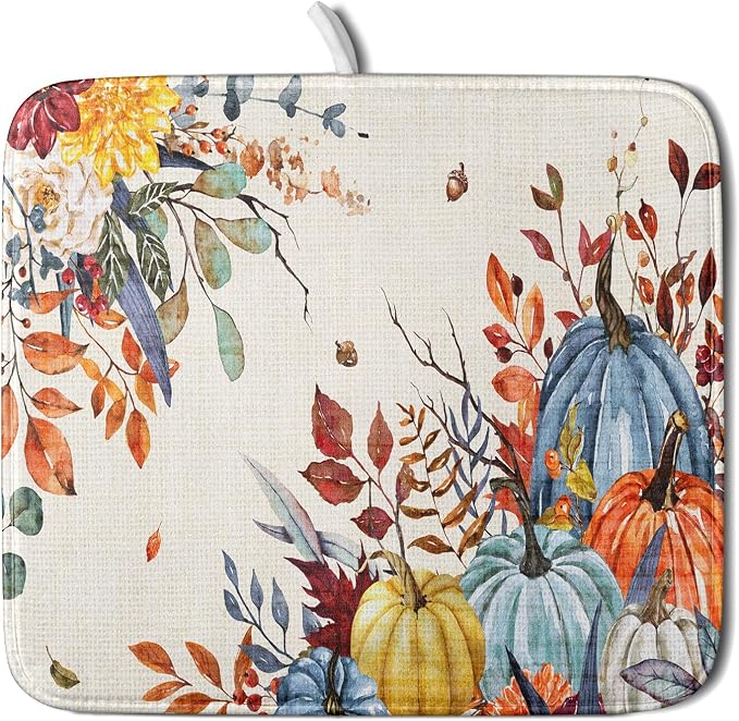 Giwawa Fall Dish Drying Mat for Kitchen Countertop, Watercolor Autumn Teal Blue by Giwawa