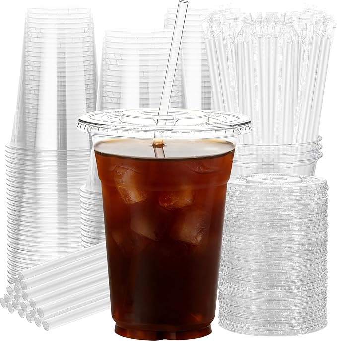 16oz Clear Plastic Cups with Lids and Straws by NewCupNewLife-cundao