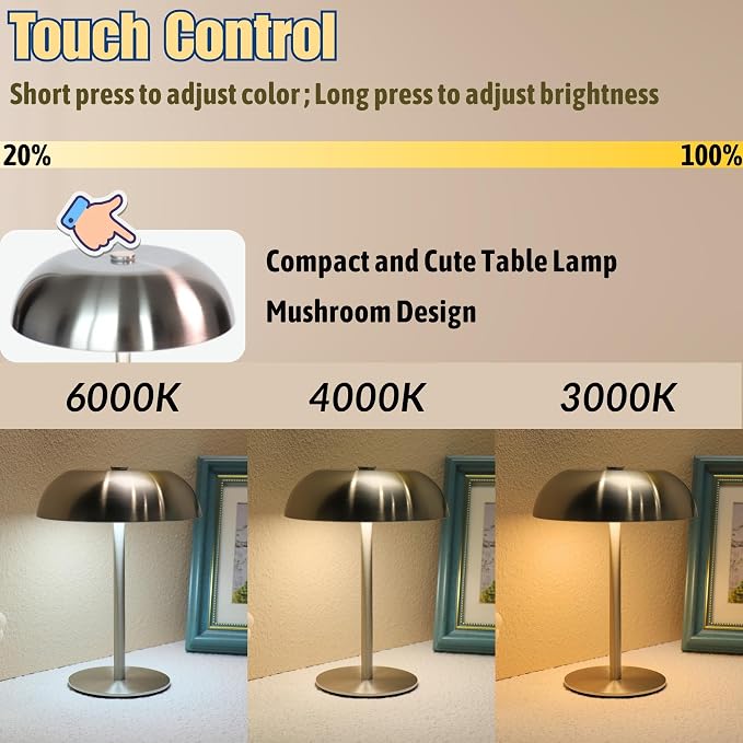 Portable LED Mushroom Table Lamp, 8.46'' Metal Small Cordless Desk Night Light - Image 6
