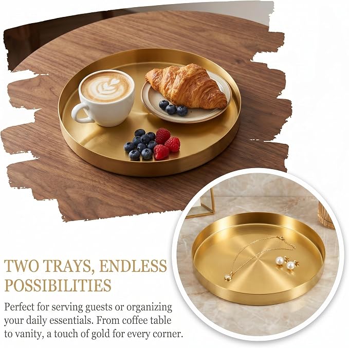 Jucoan 12 Inch Round Gold Tray, Decorative Dresser Vanity Tray Makeup Organizer - Image 9