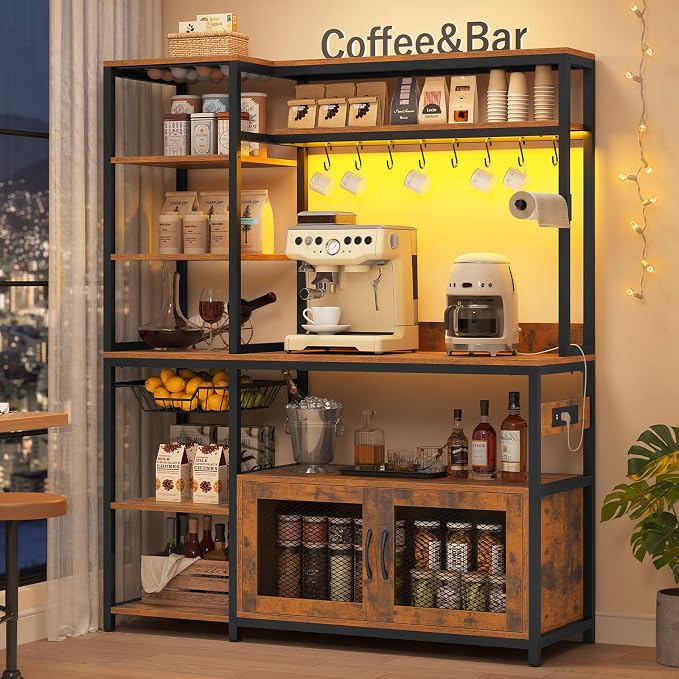 47.2 in Bakers Rack with Power Outlet & LED Light, Coffee Bar with Coffee Pod - Image 7