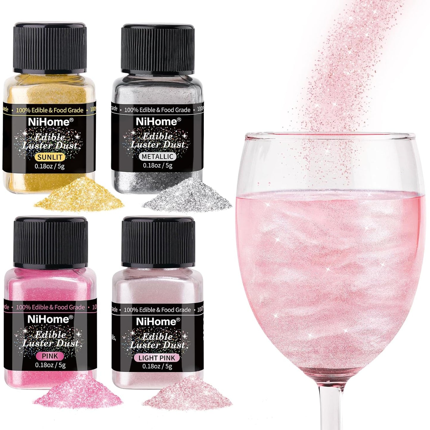 NiHome Edible Luster Dust Glitter Powder Fancy Metallic Sprinkles, Glimmer Luster Dust 4 Bottles of 0.18oz/5g for Decorating Drinks Cakes in Bakeries, Allergen-Free Food Coloring (4 Colors 20g)