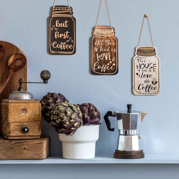 Jetec 4 Pcs Coffee Bar Decor Mason Jar Wood Sign Wall Hanging Plaque But First - Image 2