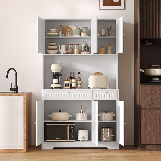 Pantry Storage Cabinet with Charging Station, Kitchen Storage with Adjustable - Image 3