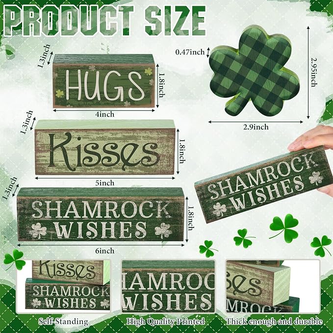 Lineshading 4 Pcs St. Patrick's Day Table Wooden Signs Hug Shamrocks Table - Image 3