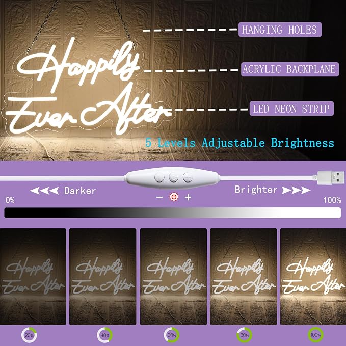 Happily Ever After Neon Sign for Wall Decor, Wedding Neon Lights Sign Dimmable - Image 3