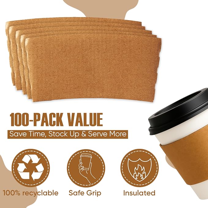 Concession Essentials Disposable Coffee Cup Sleeves – Kraft Paper Insulated Hot - Image 3