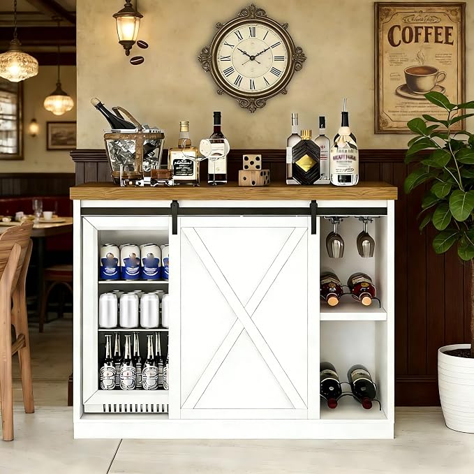 49.2" Coffee Bar Cabinet with Mini Fridge Space, Farmhouse Wine Bar Cabinet by DalyLuxa
