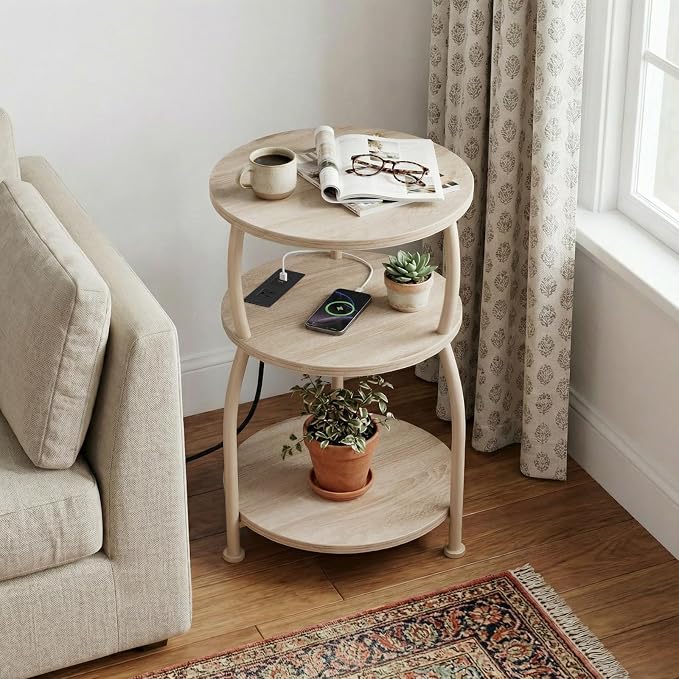 Round Side Table with Power Outlet & USB Ports, 3-Tier End Table with Storage - Image 4