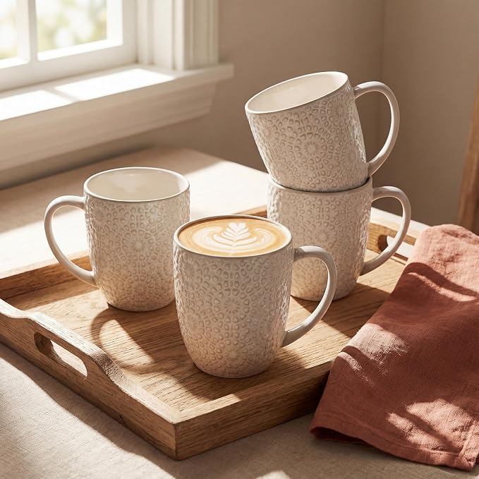 Coffee Mug Set of 4, 16 oz Ceramic Coffee Mugs, Large Embossment Cups, Vintage - Image 6