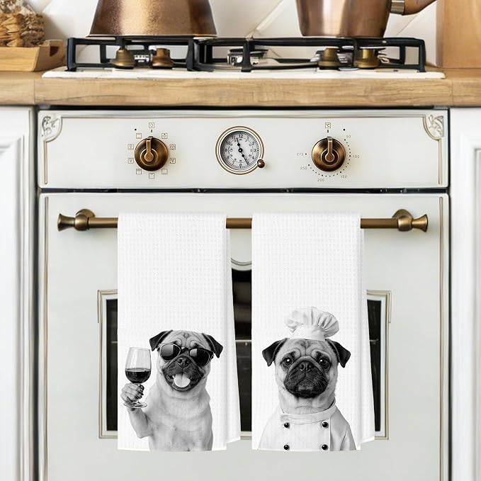 Funny Pug Kitchen Towels Set of 2, Dog Kitchen Bar Accessories, Dog Chef Gifts - Image 2