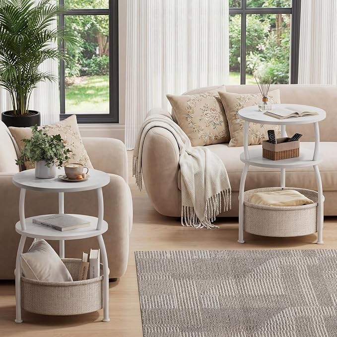 Round Side Table with Storage Basket, End Table Living Room, 15.7in | Side - Image 6