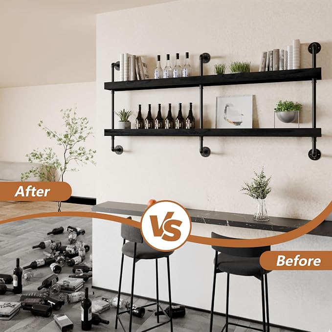 Wall Mounted Wine Rack with LED Light, LED Industrial Pipe Liquor Bar Shelves - Image 4