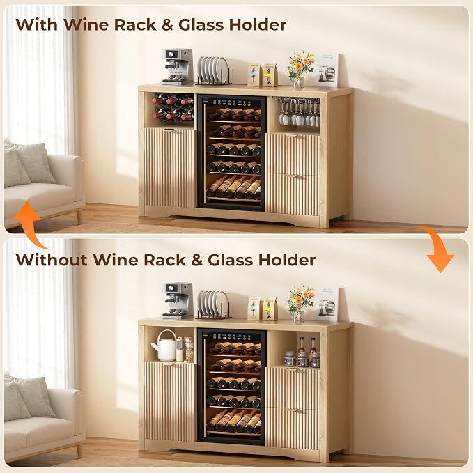 Coffee Bar Cabinet with Fridge Space, Wood Buffet Sideboard Table, Fluted - Image 9