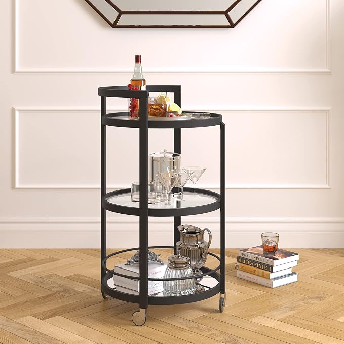 Henn&Hart 21" Modern Round 3-Tier Portable Bar Cart Home Bar Serving Cart - Image 6