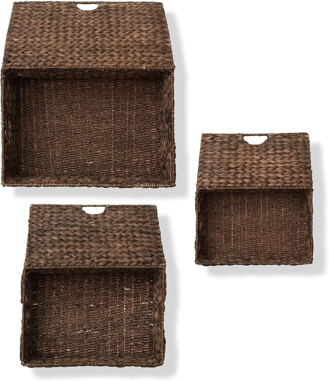 Casafield Set of 3 Water Hyacinth Rectangular Storage Baskets with Lids (Espresso - Small/Medium/Large) for Bedroom, Bathroom, Laundry, Home Office
