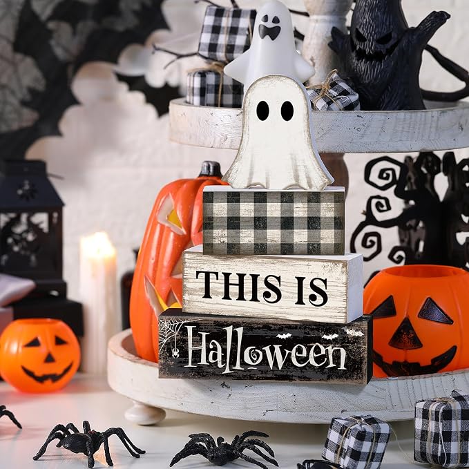 Lineshading 4 Pcs Ghost Halloween Decor Black and White Halloween Tiered Tray - Image 5
