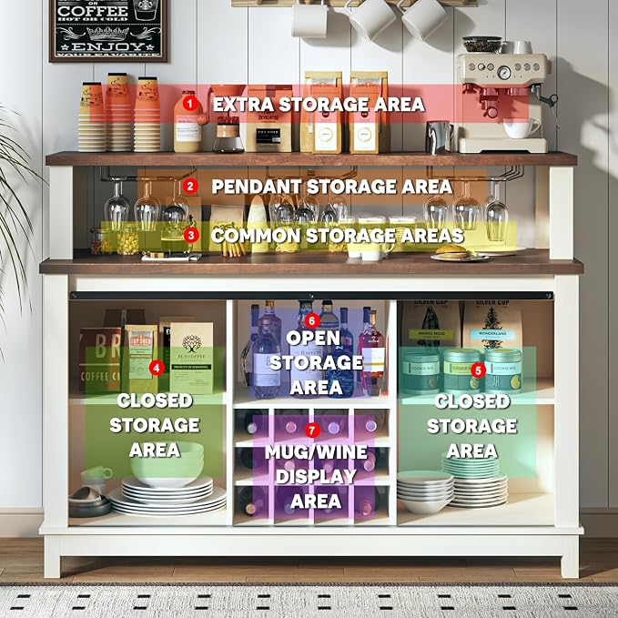 55" Coffee Bar Cabinet with LED Lights, Farmhouse Wine Bar Cabinet - Image 7