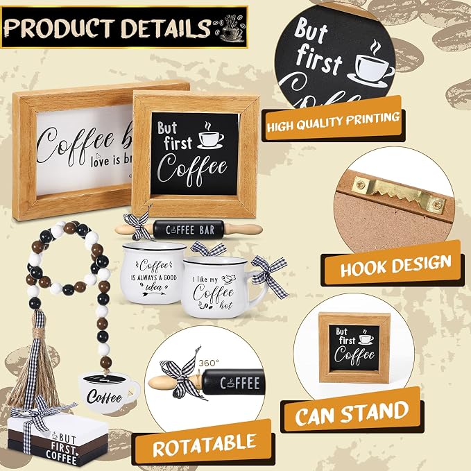 Yookeer 7 Pcs Coffee Tiered Tray Decor Set Mini Bar Art Display Framed Coffee - Image 3