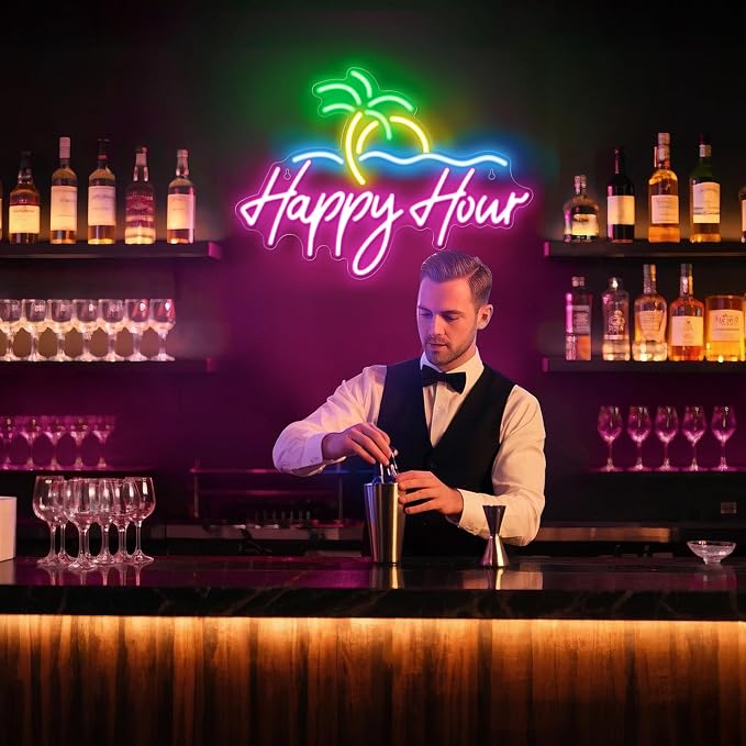 Kavaas Happy Hour Neon Sign 15.7" x 11.2", Palm Tree Neon Bar Signs - Image 4