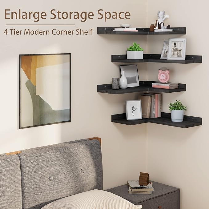 4 Tier Floating Corner Shelves Black Set of 4, Rustic Pine Wooden Floating - Image 5