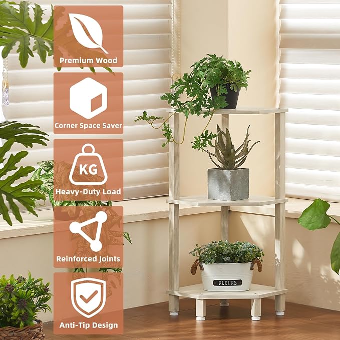 YUFAM 3-Tier Corner Shelf with Sturdy 5-Leg Base, Wooden Corner Bookshelf - Image 7