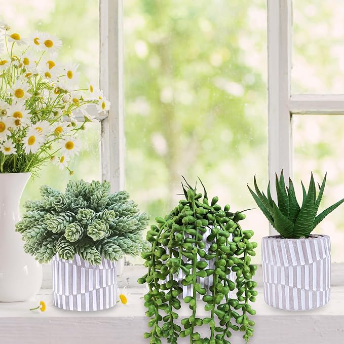 Winlyn 3 Pack Small Faux Succulent Plants Fake String of Pearls Aloe Hops - Image 5