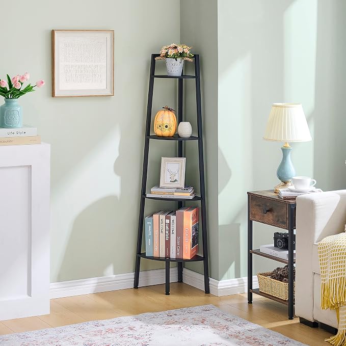 Hoctieon Corner Shelf, 4-Tier Corner Bookshelf, Rustic Ladder Shelf, Industrial - Image 7