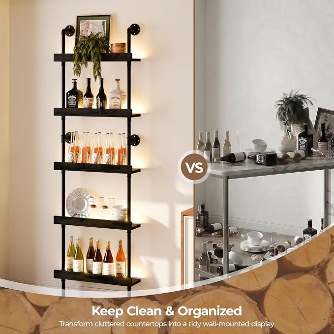 Wall Mounted Wine Rack with LED Light, LED Industrial Pipe Liquor Bar Shelves - Image 7