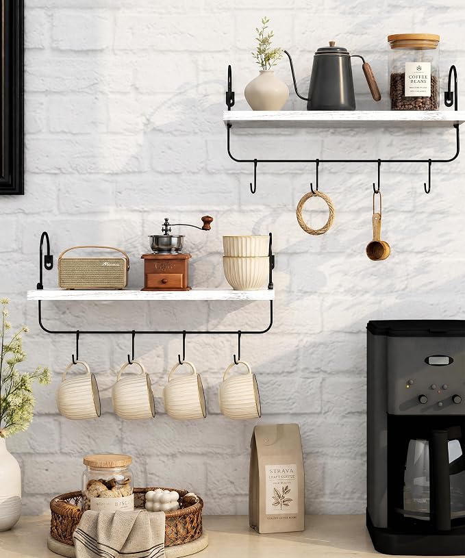 Wall Mount Floating Shelves, Wooden Coffee Bar Hanging Storage Shelf Rustic Cup - Image 6