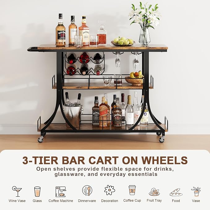 PETKABOO 3-Tier Rustic Wooden Bar Cart - Image 2