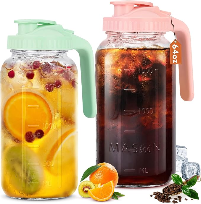 Mihlapi Glass Pitcher with Lid, 64 OZ Mason Jar Pitcher Double Leak Proof by Mihlapi