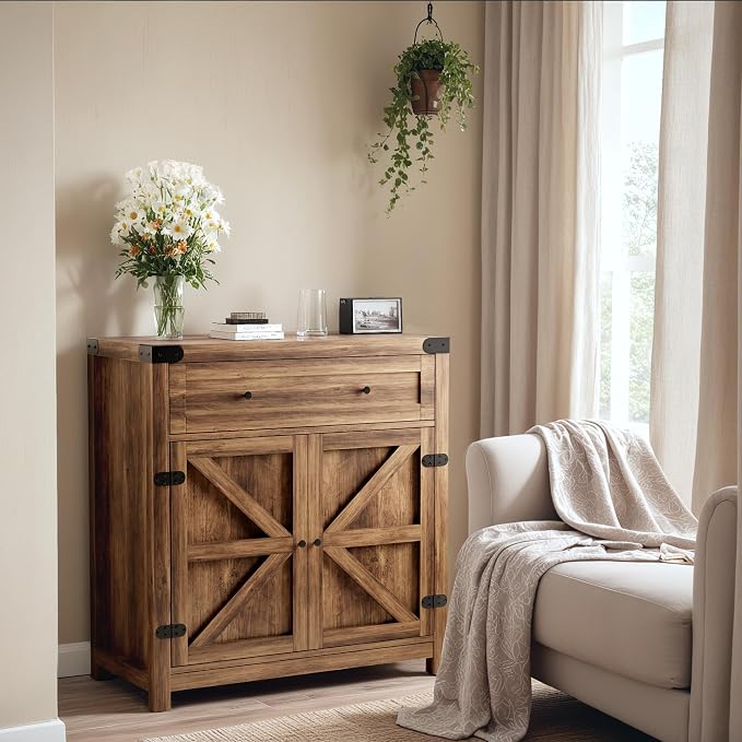 YESHOMY Coffee Bar and Accent Cabinet, Farmhouse Barn Door Buffet Sideboard - Image 11